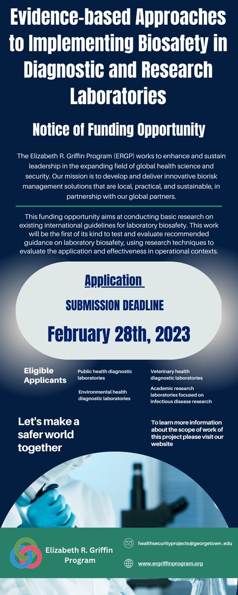 We have seen great response from all over the world for our funding opportunity to conduct basic research on 
international guidelines for laboratory biosafety. There is still time to apply! Deadline 28/02/23
Please see for more information here (ergriffinprogram.org/new-page-4)
