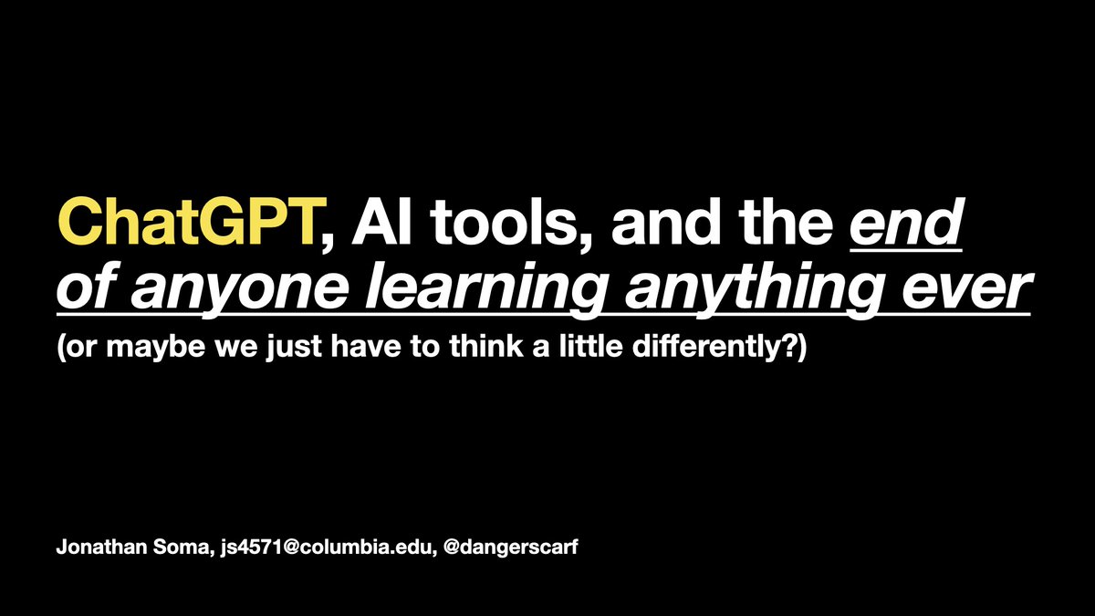 ChatGPT is supposed to ruin traditional education forever, but I only seem to see tweets of it writing Seinfeld episodes?? This 🧵 is what I told journalism educators about ➼ How student cheat ➼ How you adapt ➼ Tips for embracing this new world ✨ WITH PLENTY OF EXAMPLES ✨