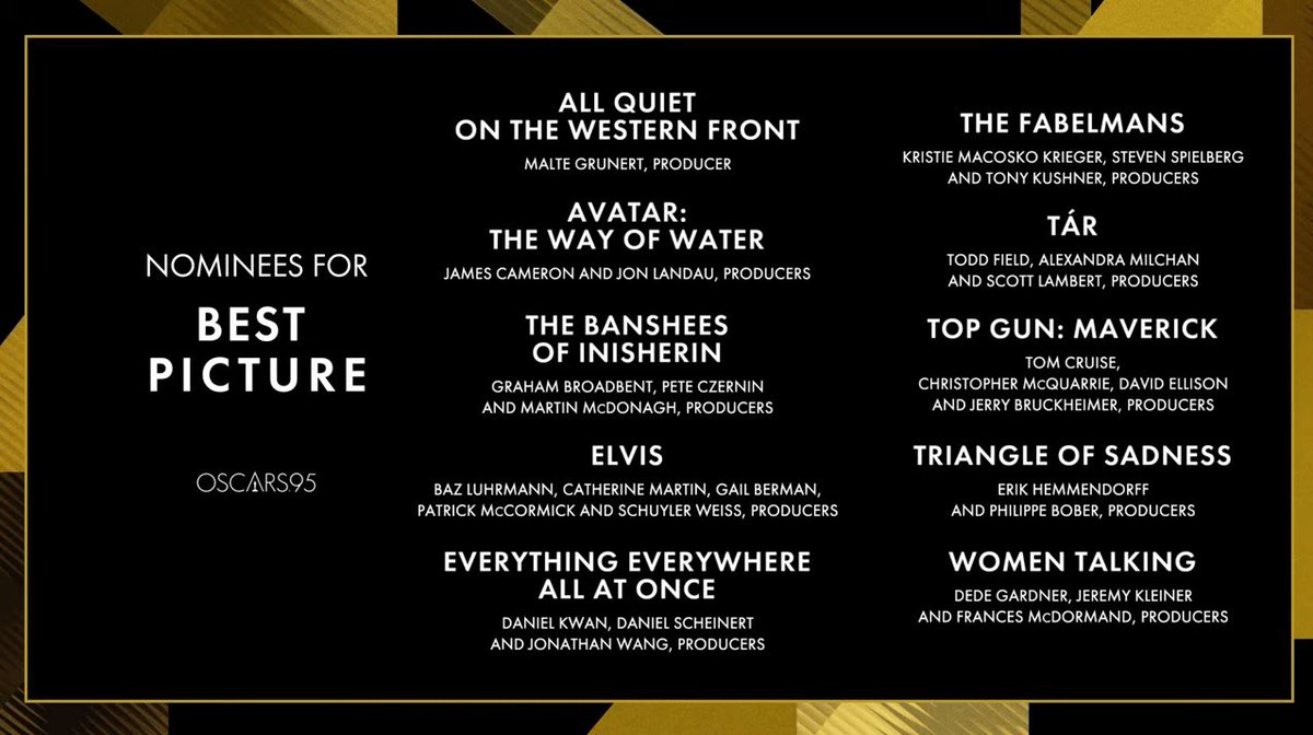 ProjBigScreen's tweet photo. The Academy Award nominees for Best Picture

📽️ ALL QUIET ON THE WESTERN FRONT
📽️ AVATAR: THE WAY OF WATER
📽️ THE BANSHEES OF INISHERIN
📽️ ELVIS
📽️ EVERYTHING EVERYWHERE ALL AT ONCE
📽️ THE FABELMANS
📽️ TAR
📽️ TOP GUN: MAVERICK
📽️ TRIANGLE OF SADNESS
📽️ WOMEN TALKING https://t.co/bg7uRDgssZ