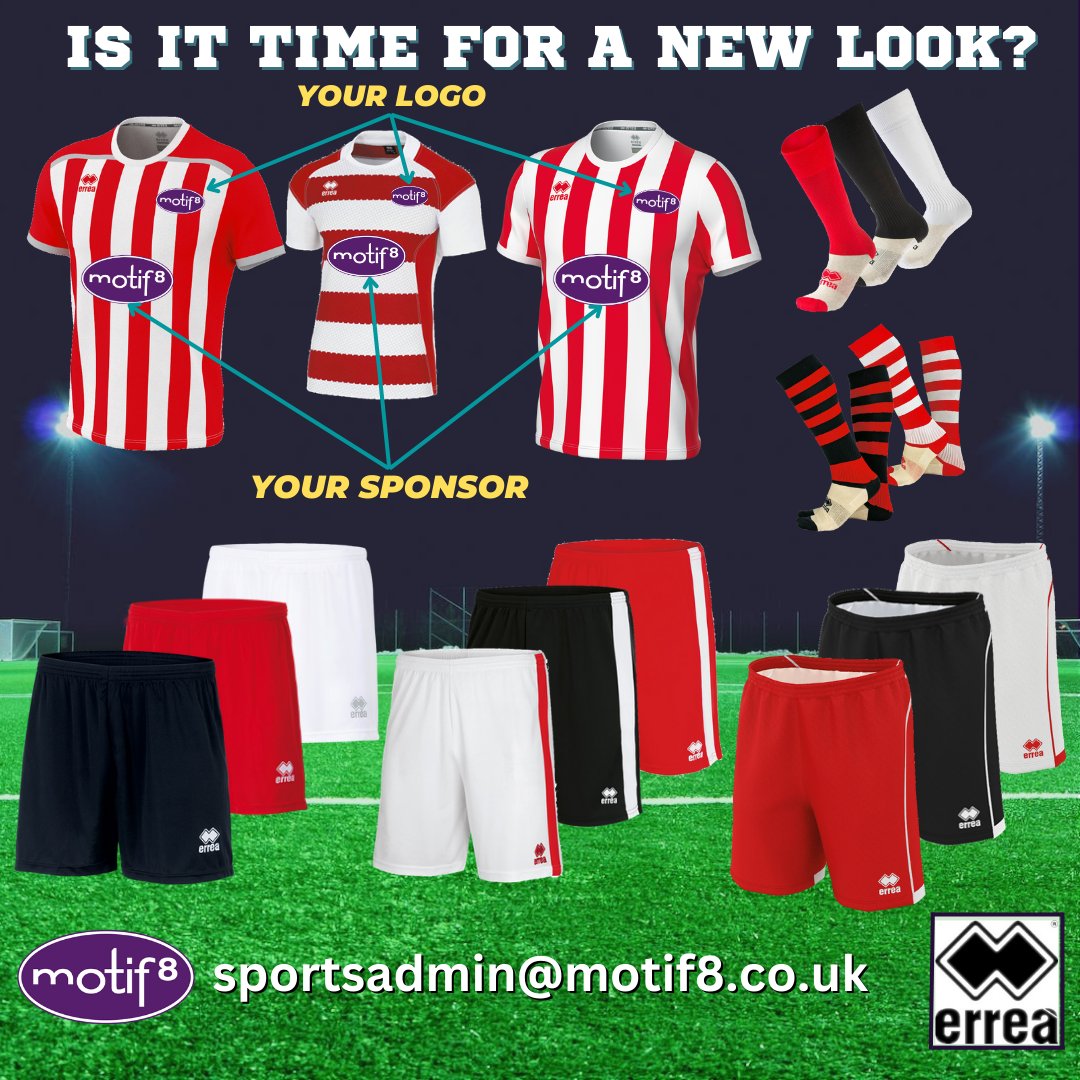 Does your team wear Red and White hoops or stripes?

Here is a selection of styles from Errea, we also have a variety of other brands such as Puma, Umbro and more! 

Customise  with your logo, sponsor etc... and have a new look for next season!

Contact: sportsadmin@motif8.co.uk