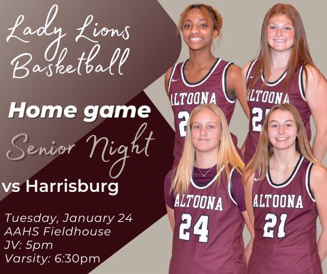 AltoonaLion's tweet photo. Game Day!!! 

Senior Night
🆚 Harrisburg
⏰ JV - 5. Varsity - 6:30
📍AAHS Fieldhouse https://t.co/Cip54jdaBC