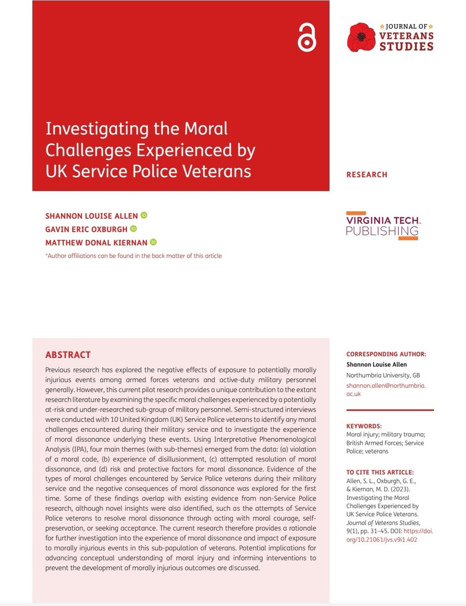 Finally published my first article investigating the #moralchallenges of UK #servicepolice veterans. Big thank you to all those who took part and provided valuable insight to help inform #moralinjury research going forward.

Read the article here》journal-veterans-studies.org/articles/10.21…