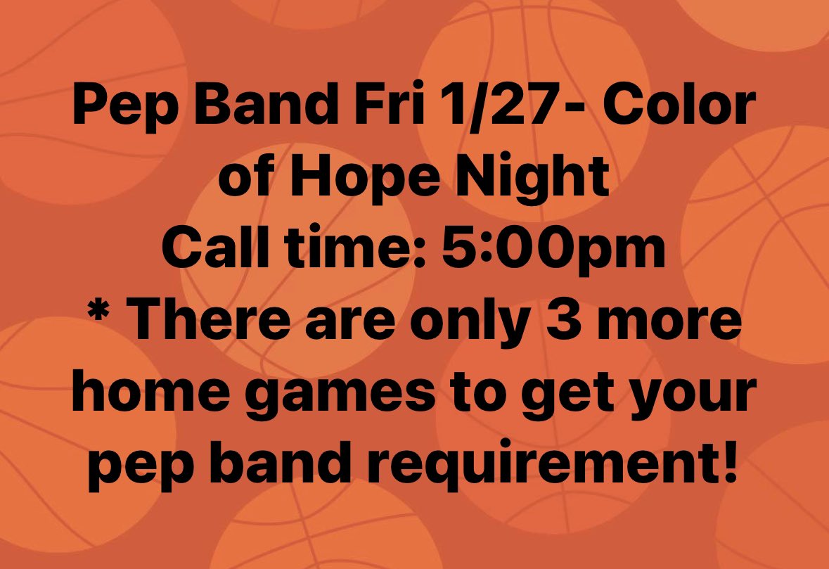 PLHSBandBooster's tweet photo. Color of Hope Games
Friday, January 27, PLHS
Pep Band: 5:00pm
Girls BB 5:30 
Boys BB 7:15 https://t.co/bmuK5MBesq