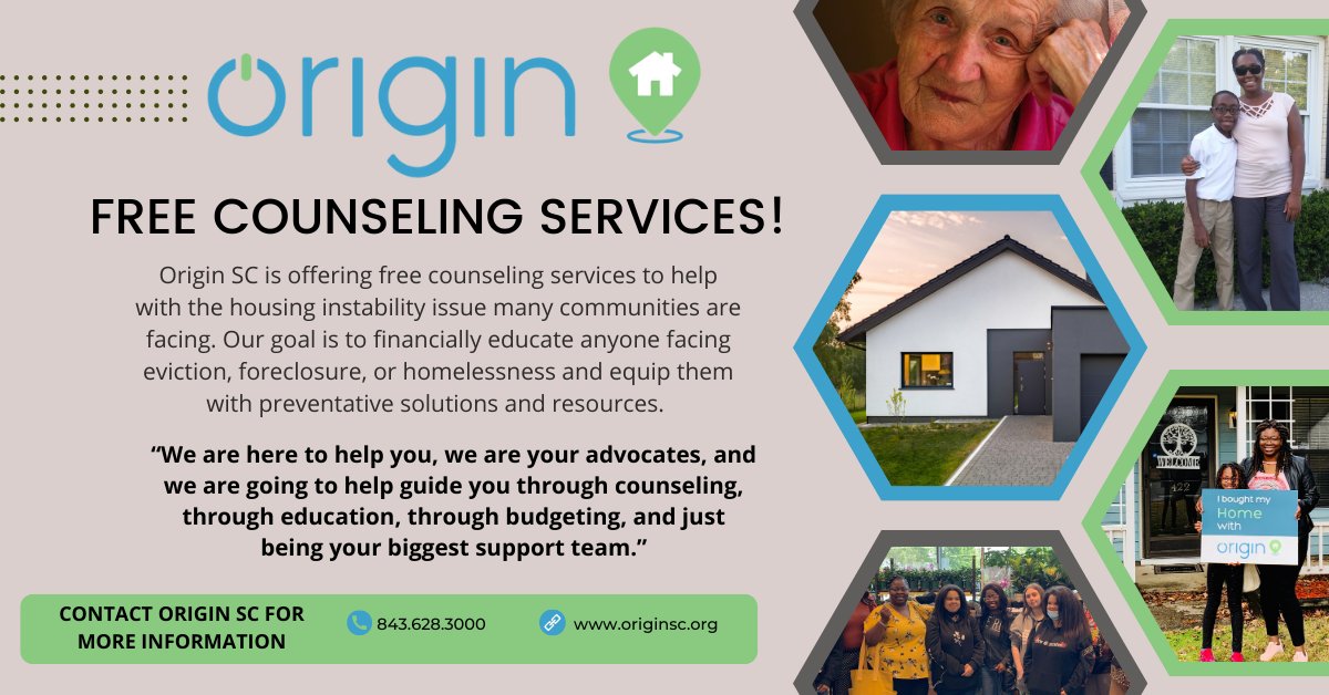 Origin_SC's tweet image. FREE counseling services! Origin SC is dedicated to helping end homelessness in SC. We assist individuals &amp;amp; families to work towards self-sufficiency and financial stability. originsc.org/eviction-preve…

#EvictionPrevention Counseling
#ForeclosurePrevention Counseling