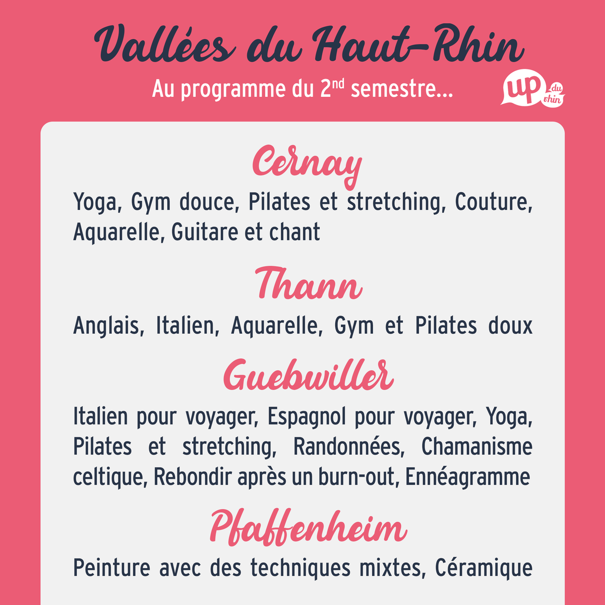 UPduRhin's tweet photo. 🤔 Quoi de neuf à l'#UPduRhin ce semestre pour #Cernay, #Thann, #Guebwiller et #Pfaffenheim ?
Découvrez toutes les #activités et #formations en #langue, #bienetre, sport, #devperso et #loisirscreatifs programmées au 2nd semestre 👇

Infos &amp; inscription
👉 https://t.co/jzCBzjmDCP https://t.co/rJ3V5kN146