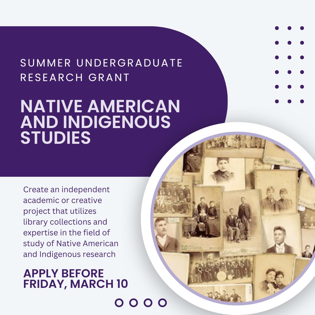 Northwestern Libraries (@nu_library) on Twitter photo Apply before March 10 for a summer undergraduate research grant, which provides one student with $4,000 to spend eight weeks in the summer doing research on campus focused on Native American and Indigenous Studies.
libraries.nu/3wp8xSO
<a href="/for_indigenous/">Center for Native American & Indigenous Research</a> <a href="/NorthwesternU/">Northwestern</a> Apply before March 10 for a summer undergraduate research grant, which provides one student with $4,000 to spend eight weeks in the summer doing research on campus focused on Native American and Indigenous Studies.
libraries.nu/3wp8xSO
<a href="/for_indigenous/">Center for Native American & Indigenous Research</a> <a href="/NorthwesternU/">Northwestern</a>