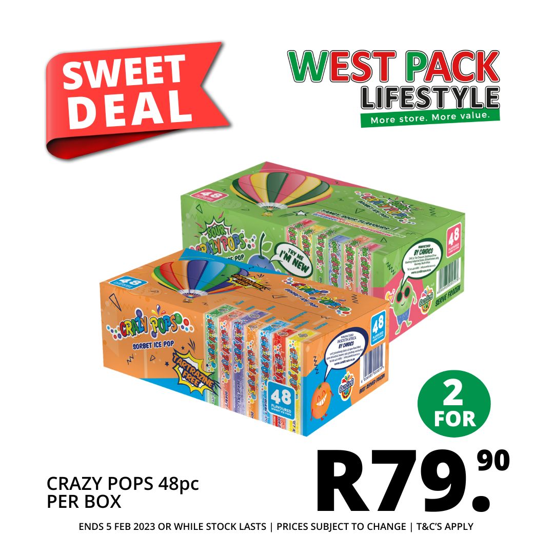 westpackstores's tweet photo. Get 2️⃣ Boxes #CrazyPops R79.90
at #WestPackLifestyle ❤️💚 ▶️ https://t.co/09WyZu44Y3 https://t.co/BBaWQ6qu8k