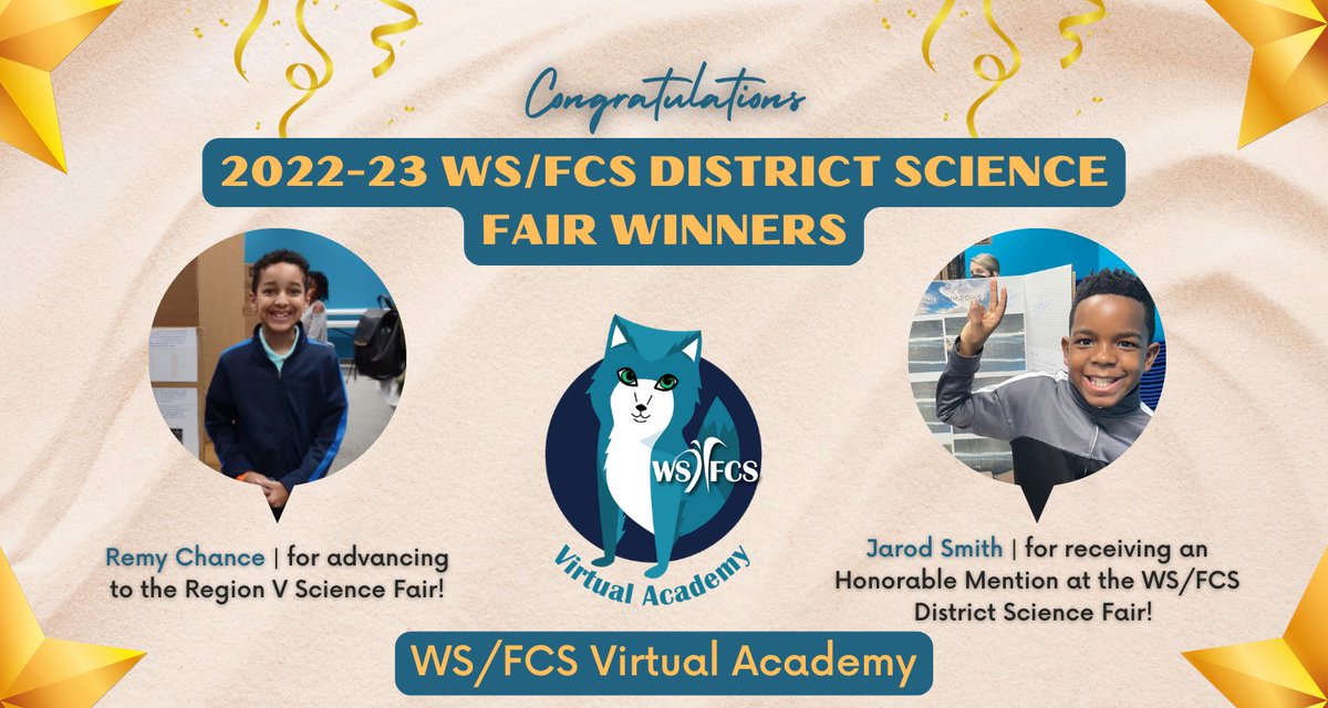wsfcsvirtual's tweet photo. Congratulations to our #WSFCS District Science Fair Winners, Remy Chase & Jarod Smith! Way to represent for our school ! 🎊🏆
#WSFCSVirtualAcademy
#ScienceFair
#WinstonSalem https://t.co/GdlVJw9083