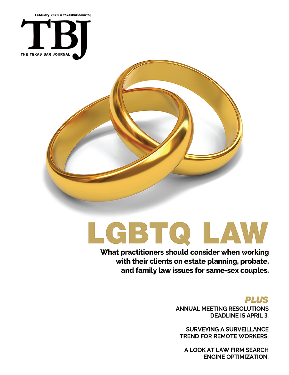 statebaroftexas's tweet photo. Here is the reveal of the February 2023 Texas Bar Journal cover! This issue focuses on LGBTQ law. Look for the online edition hitting your inbox on February 1. #TexasBarJournal https://t.co/ni00Uxncb2