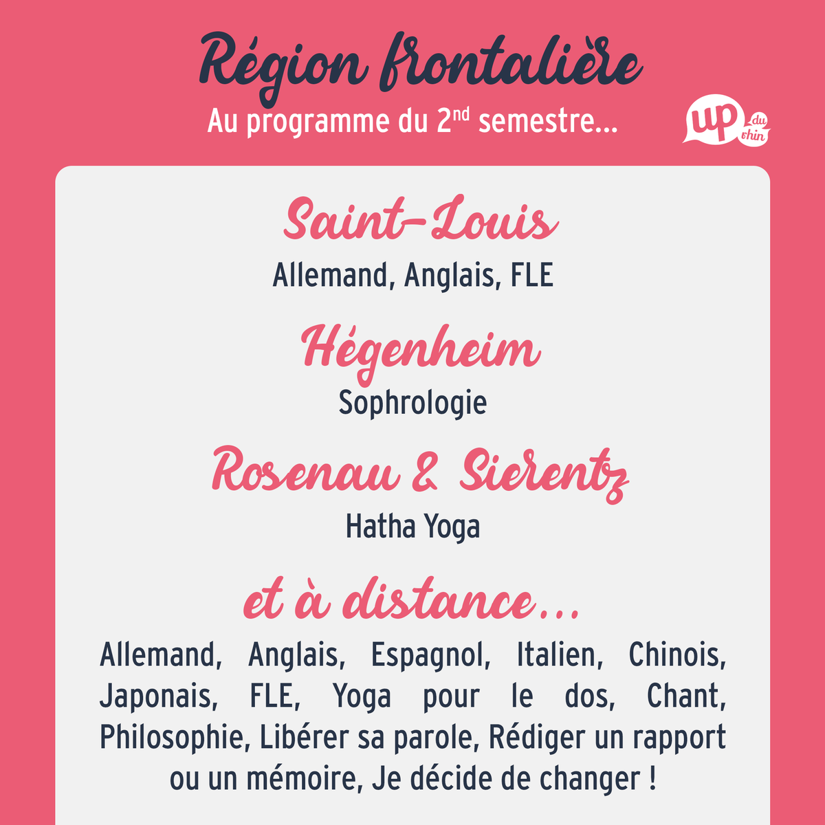 UPduRhin's tweet photo. 🤔 Quoi de neuf à l'#UPduRhin ce semestre pour #SaintLouis, #Hegenheim, #Rosenau &amp; #Sierentz ?
Découvrez toutes les #activités et #formations en #langue, #bienetre, sport, #devperso et #loisirscreatifs programmées au 2nd semestre 👇

Infos &amp; inscription
👉 https://t.co/jzCBzjmDCP https://t.co/l82SMVSE63