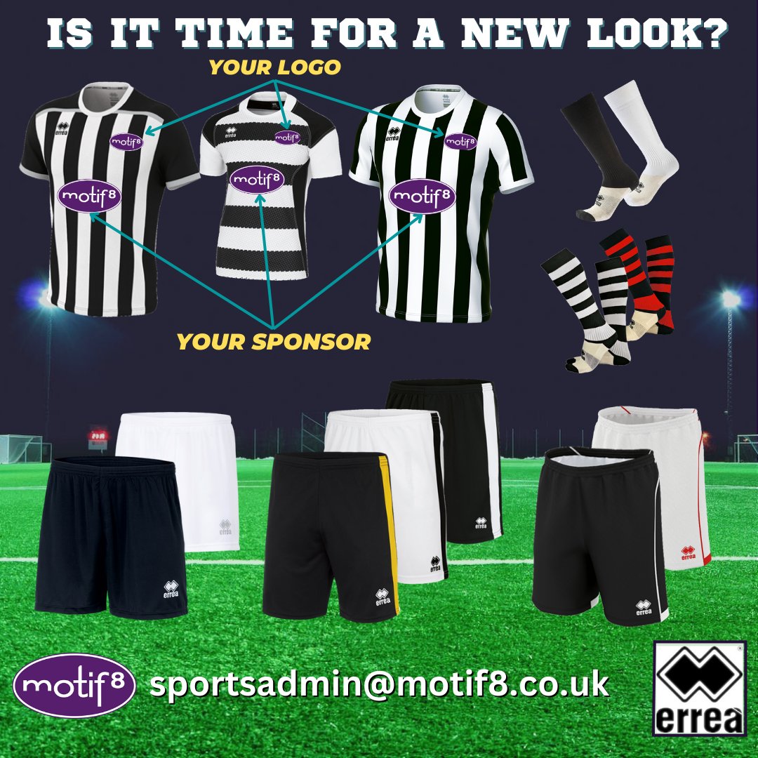 Does your team wear Black and White hoops or stripes?

Here is a selection of styles from Errea, we also have a variety of other brands such as Puma, Joma and more! 

Customise  with your logo, sponsor etc... and have a new look for next season!

Contact: sportsadmin@motif8.co.uk