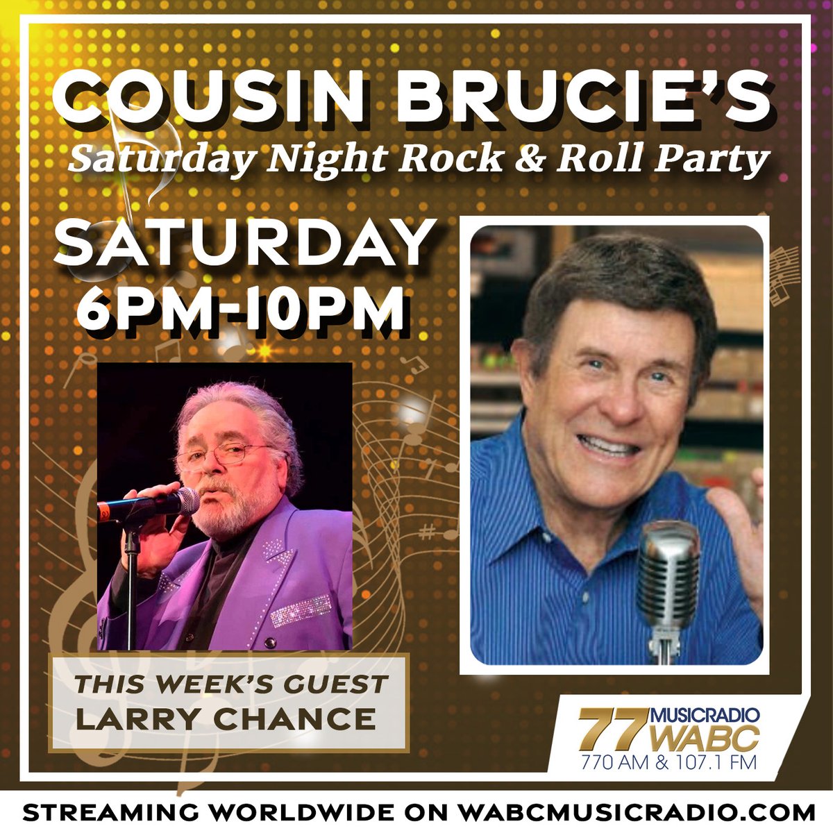 musicradiowabc's tweet photo. Coming up at 6PM: Cousins… this Saturday night’s special guest is #LarryChance !

You won't want to miss this interview! Also, Cousin Brucie will play the hits of the 50s, 60s &amp; 70s! 

Listen on the 77 WABC app or on https://t.co/9TUI5CHOtA! https://t.co/NpAgIOs5Fm