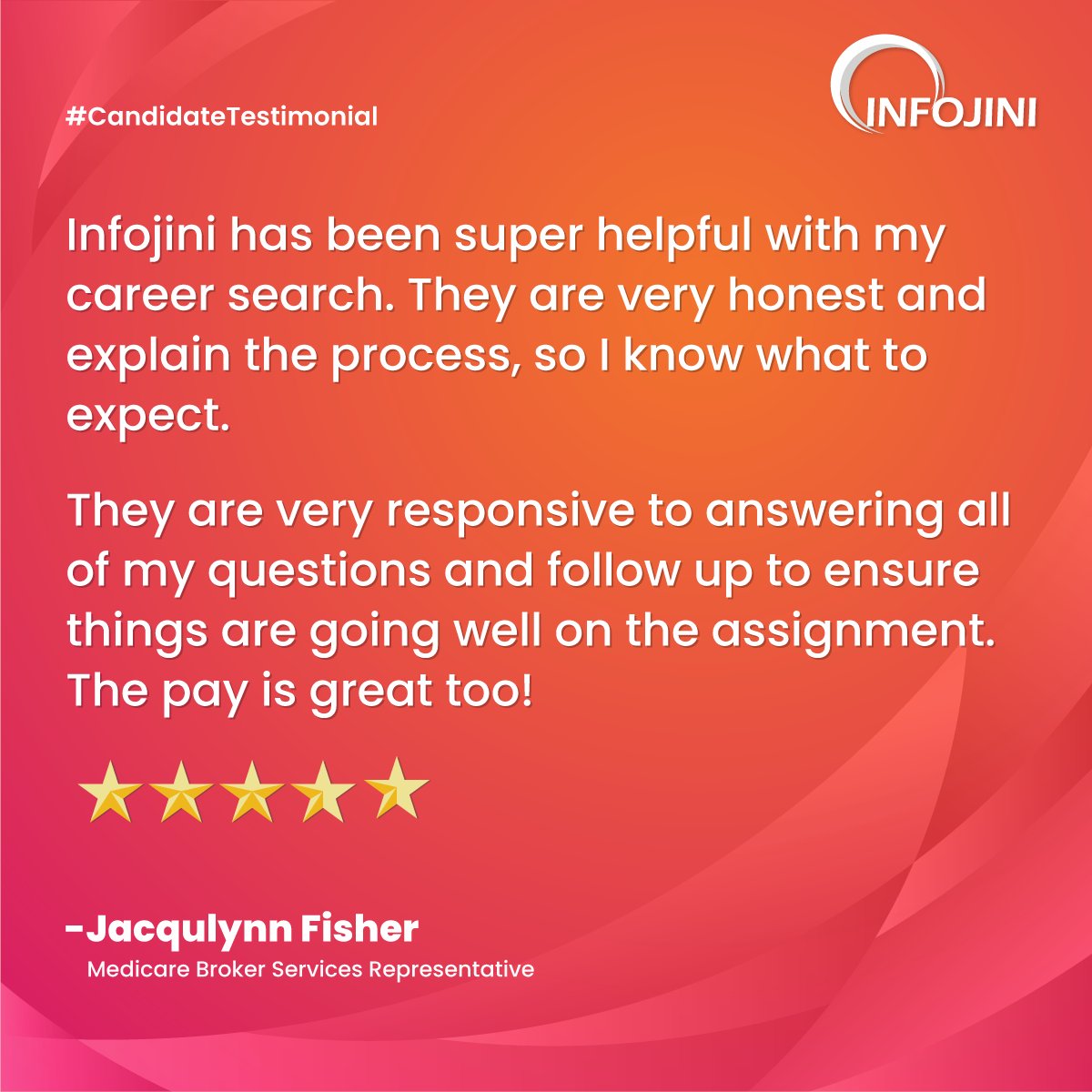 infojini_inc's tweet photo. Jacqulynn Fisher (Medicare Broker Services Representative), one of our candidates' shares their experience of being with Infojini.

#candidatetestimonial #work #testimonial #happycandidate #recommendation #Infojini https://t.co/J3PtCcEhXB