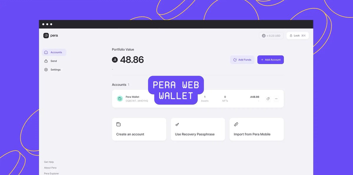 Algorand's tweet photo. Pera Web Wallet is live! Manage your Algorand accounts and interact with the ecosystem using @PeraAlgoWallet's open-source web application 🔥

Learn more:
https://t.co/lneL4gN1dK https://t.co/ox5P79cp8V