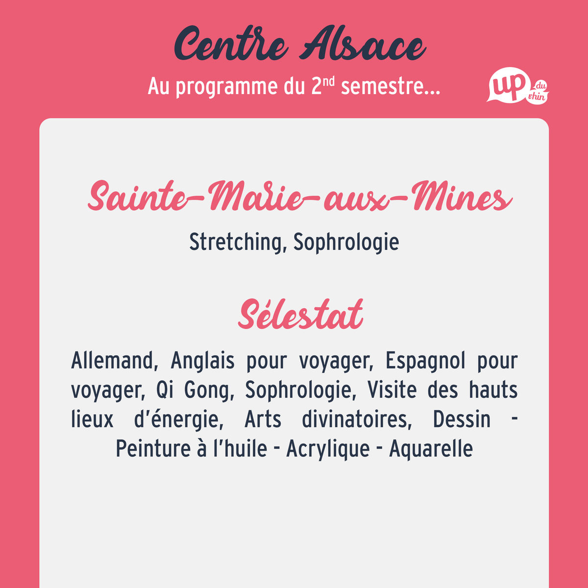 UPduRhin's tweet photo. 🤔 Quoi de neuf à l'#UPduRhin ce semestre pour #SainteMarieAuxMines &amp; #Selestat ?
Découvrez toutes les #activités et #formations en #langue, #bienetre, sport, #devperso et #loisirscreatifs programmées au second semestre 👇

Plus d'infos &amp; inscription
👉 https://t.co/jzCBzjmDCP https://t.co/WRb5ecPCH3