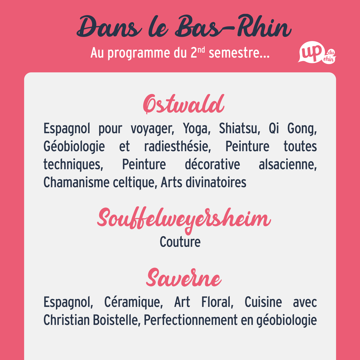 UPduRhin's tweet photo. 🤔 Quoi de neuf à l'#UPduRhin ce semestre dans nos antennes du #BasRhin ?
Découvrez les #activités et #formations en #langue, #bienetre, sport, #devperso et #loisirscreatifs programmées à #Erstein, #Molsheim, #Ostwald &amp; #Saverne 👇

Infos &amp; inscription
👉 https://t.co/jzCBzjmDCP https://t.co/jE8h5j4Agm