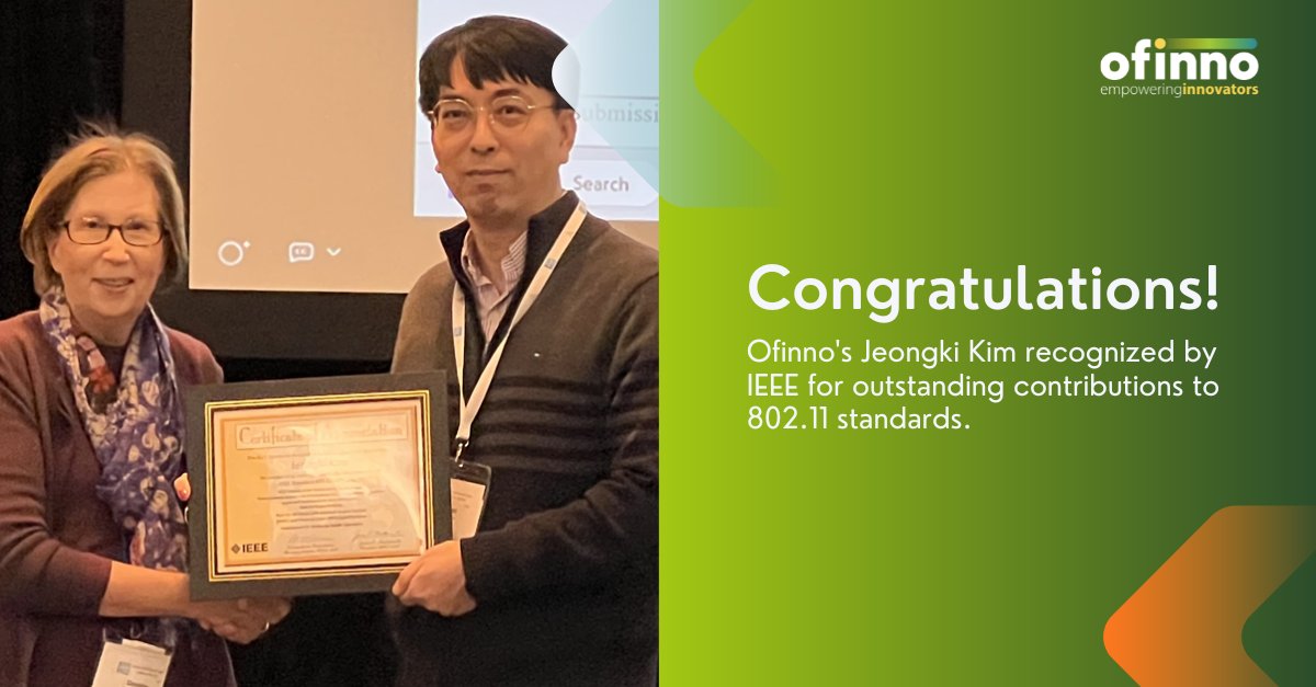 Ofinno_LLC's tweet photo. Congratulations to Ofinno’s Jeongki Kim for being recognized at the recent @IEEEorg interim meeting with two awards for his outstanding contributions to the IEEE 802.11 standards! 

#empoweringinnovators #awards #IEEE #wifi https://t.co/RgWaseLb83