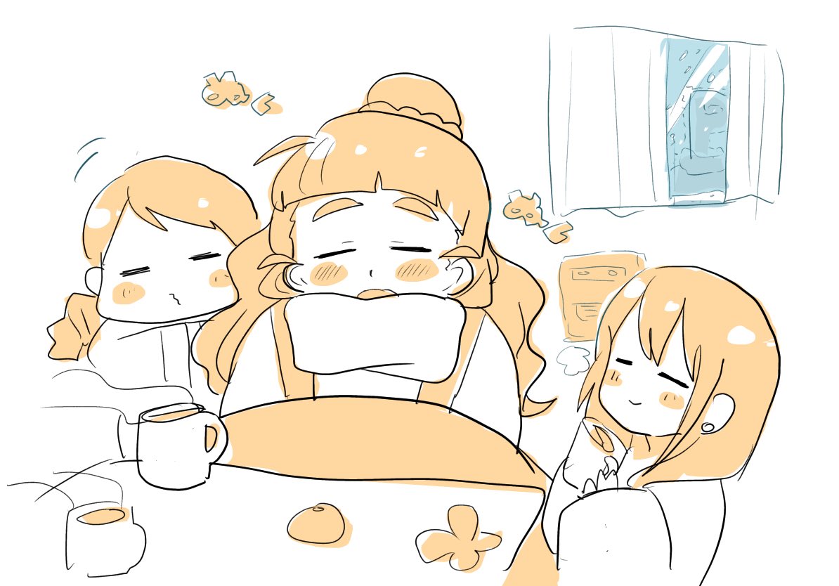 3girls blush closed eyes cup food fruit hair bun  illustration images