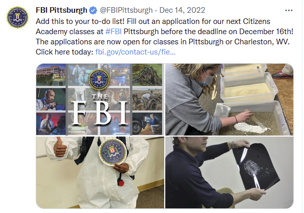 lesleeschaffer's tweet photo. So excited.  My application has been accepted into the FBI Citizens Academy.  Should be very interesting and looking forward to the classes. https://t.co/753Tify2Mt