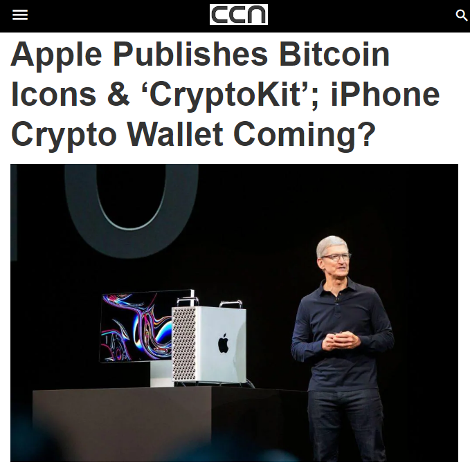 Cryptotea's tweet photo. But the biggest sign of adoption is Apple adding Bitcoin icons and a 'CryptoKit' to it's developers library

People speculate that Apple Wallet will soon be able to hold crypto currencies and you'll be able to use tap to pay for direct peer to peer payments https://t.co/4AH4EVii7V