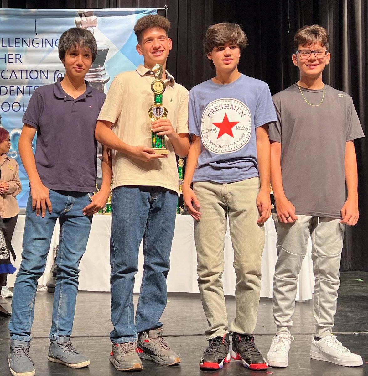 Our Chess Team had a dramatic comeback this past weekend at the North Regional Chess Tournament to qualify for April's District Tournament. Out of 16 High School teams we finished in the Top 5. Pictured (from left) Daniel Fernandez, Gabriel Ferero, Dylan Mut, Diego Morales https://t.co/RTYdjZXgLG