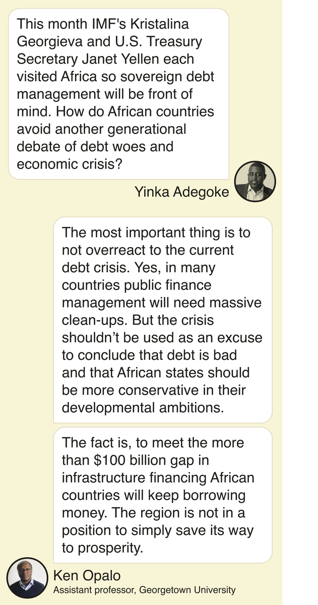 YinkaWrites's tweet photo. We had a really insightful #OneGoodText with the always thoughtful Georgetown professor @kopalo on sovereign debt management. https://t.co/1c6lIp0221