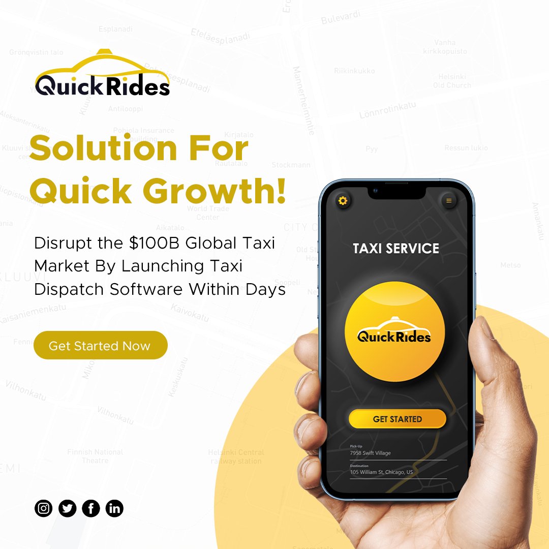 Leverage the fastest ready-to-launch market product & Boost your business to the next level. 
QuickRides is here to automate your taxi operations and expand your market footprint. 
Are you ready?
Connect with us to learn more!
.
.
#taxibusiness #taxiappdevelopment #taxisolutions