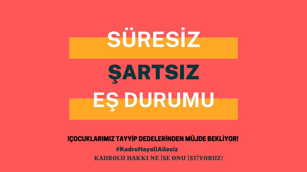 Değerli Cumhurbaşkanım,
Bizler kadro da süre şartını görünce yüreğimiz acıdı. 

Aile kutsaldır bir hak veriliyorsa bizlerde kadrolu gibi mazeret tayin hakkımızı kullanmak istiyoruz.

<a href="/RTErdogan/">Recep Tayyip Erdoğan</a> 
<a href="/fuatoktay/">Fuat Oktay</a>
<a href="/ikalin1/">İbrahim Kalın</a>
<a href="/_cevdetyilmaz/">Cevdet Yılmaz</a>
<a href="/RumeysaKadak/">Rumeysa Kadak</a>
#KadroHayaliAilesiz