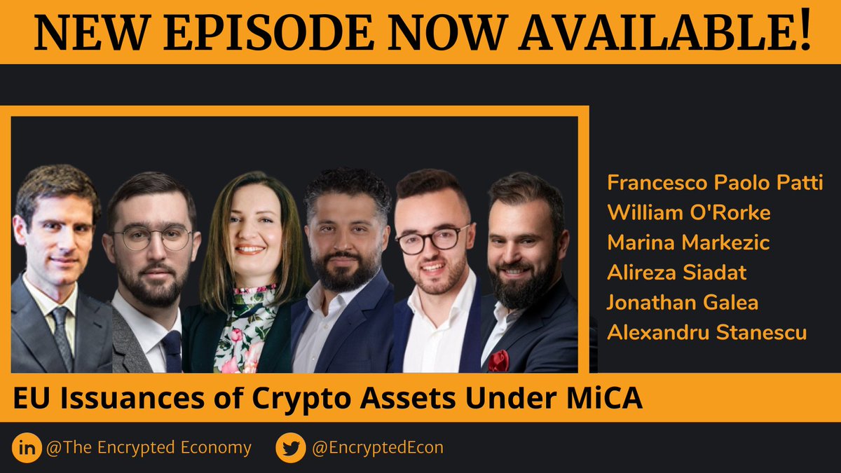 NEW EPISODE NOW AVAILABLE!

This week's special guests: Francesco Paolo Patti, <a href="/williamororke/">William O'Rorke</a>, <a href="/MarinaMarkezic/">Marina Markezic</a>,Alireza Siadat, <a href="/ImpermanentGain/">Jonathan Galea</a>, Alexandru Stanescu join us to discuss...

EU ISSUANCES OF CRYPTO ASSETS UNCER MICA

Tune in on your favorite #podcast app!

#EUCrypto