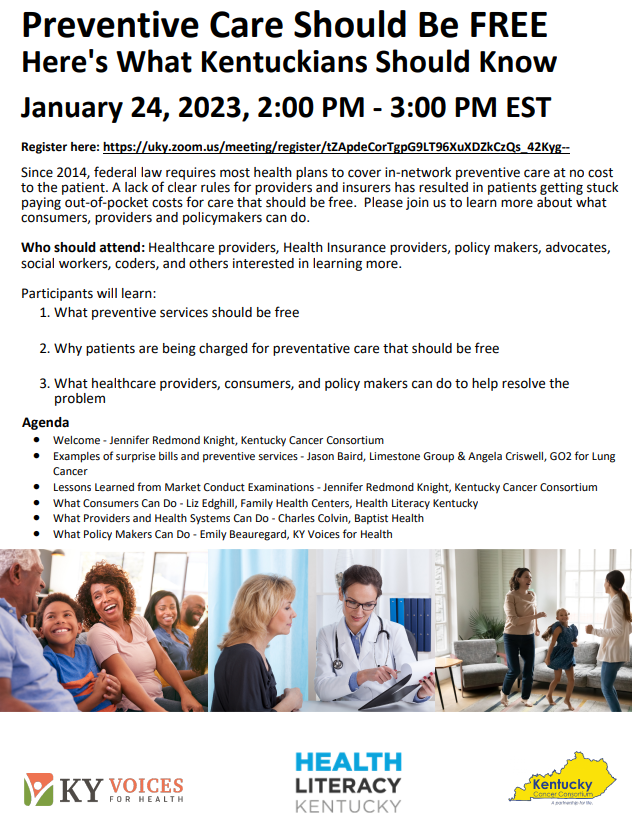 HealthLitKY's tweet photo. Federal law requires most healthplans to cover preventive care @ no cost, but unclear rules for providers/insurers is leaving patients paying out-of-pocket for care that should be free. Learn more with @kyvoices4health #HealthLiteracy KY &amp; KCC @ 2PM TODAY: https://t.co/AFfDEWXZHN https://t.co/0XfyBAKiFL