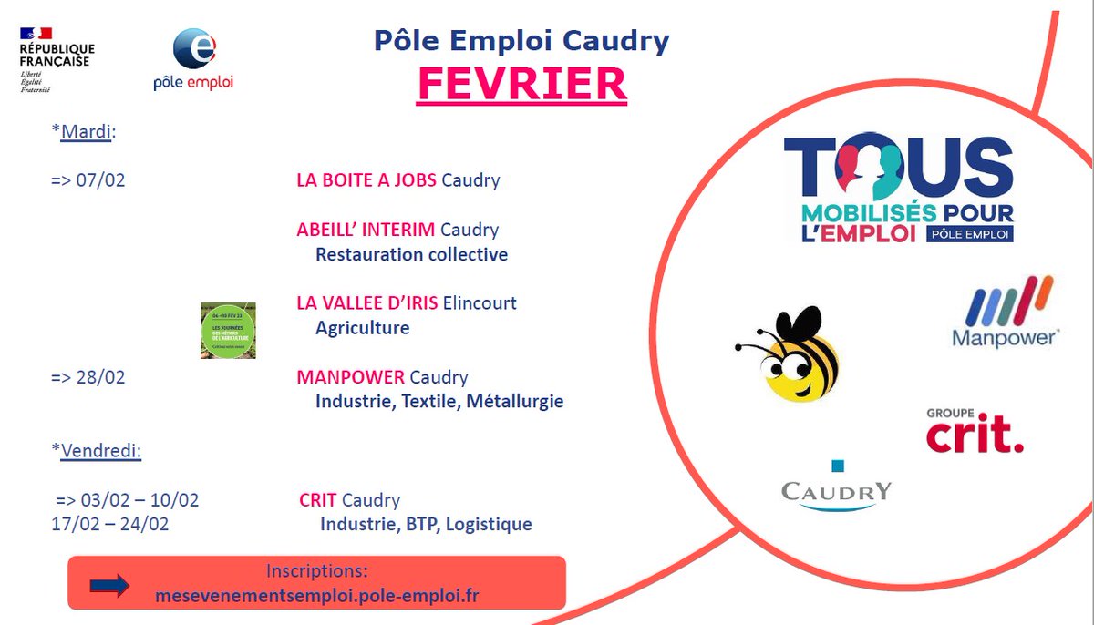 #Recrutements #TousMobilisés #PôleEmploiCaudry 
🗓️🎯 Retrouvez tous nos évènements recrutements du mois de Février ci-dessous‍ et sur le site mesevenementsemploi.pole-emploi.fr/mes.../eveneme… 
🚩L'agence de Caudry est toujours inaccessible, mais ces évènements ont lieu sur des sites extérieurs.