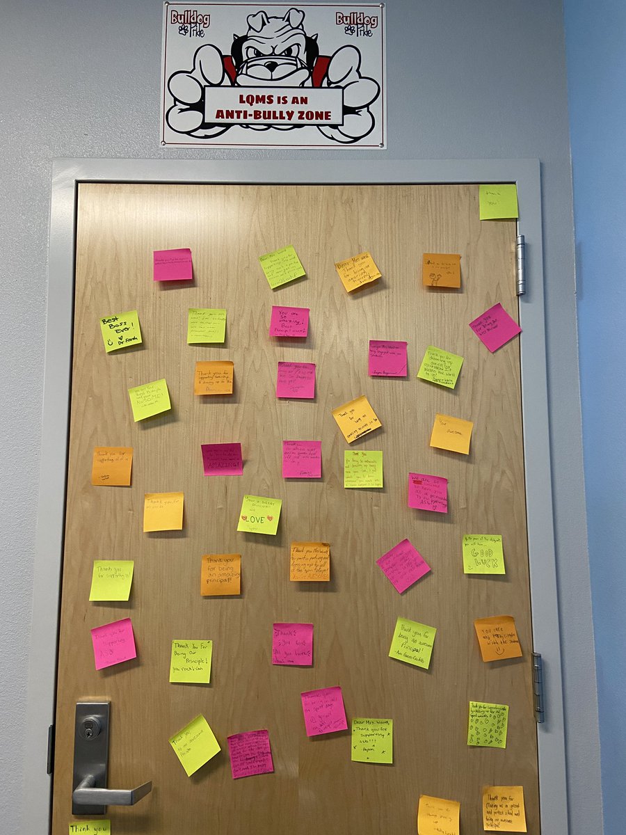 Opened my door to a sticky note explosion! Oh my smiling heart! Received thank yous and positive vibes from our Bulldogs! What a beautiful way to start off the Kindness Week Challenge! ❤️🐾 Who could you sticky bomb with kindness?! #BulldogPride #heartsmiles