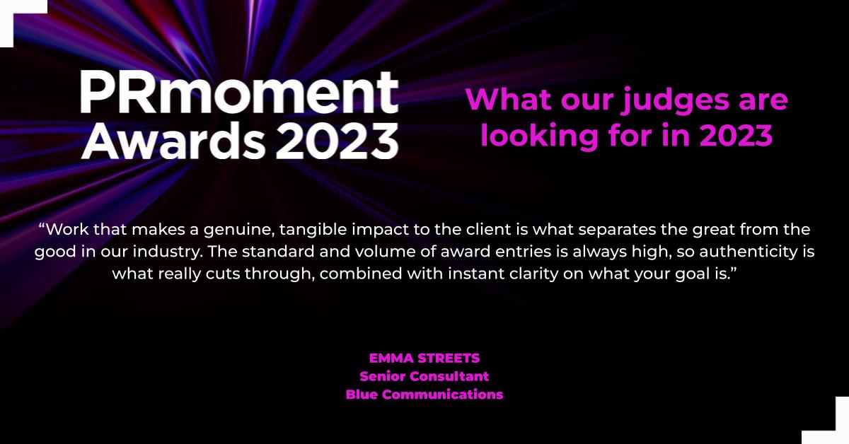therealprmoment's tweet photo. The final entry deadline for the PRmoment Awards 2023 is this Friday! One of this year's judges, Emma Streets (@EMStreets) - senior consultant at @BLUECOMMS  - explains what she'll be looking for.
To enter the awards, visit https://t.co/CsCpM04vHo #PR #awards https://t.co/BZV3xfPEgZ