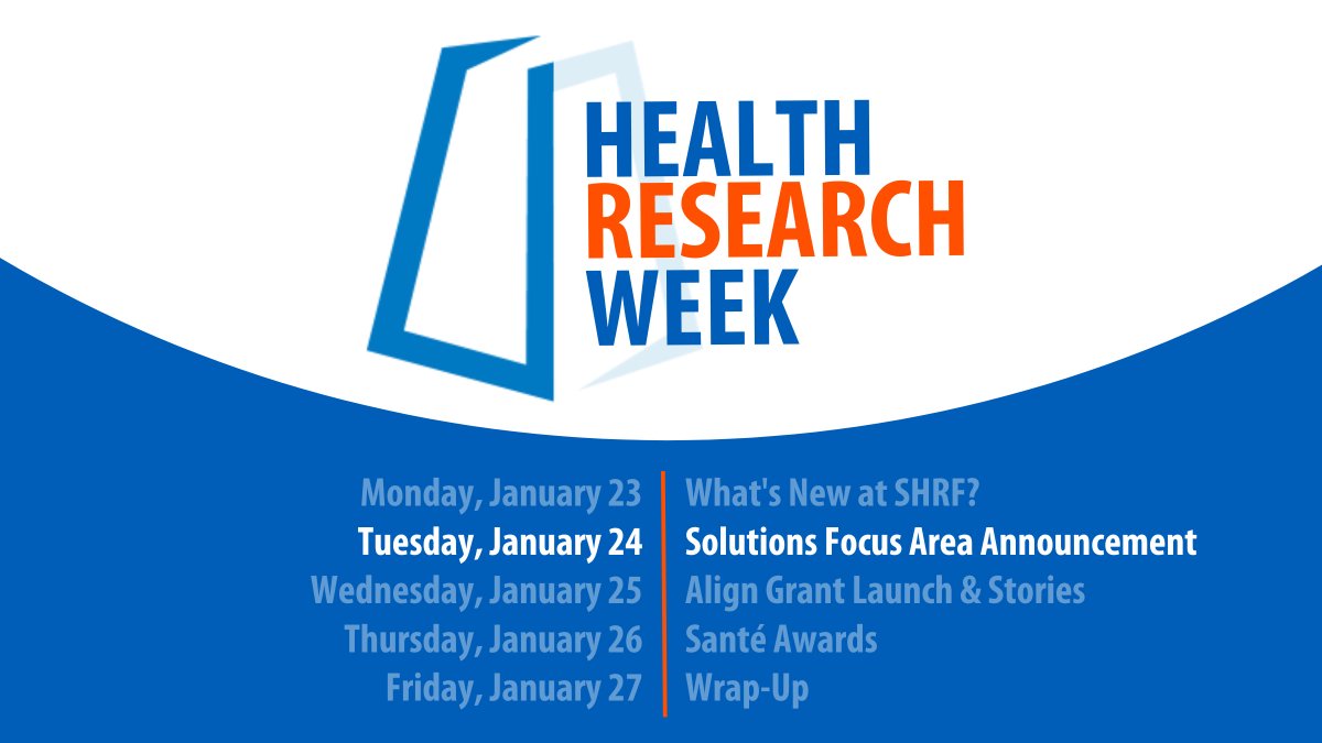 _SHRF_'s tweet photo. It's Day 2 of #HealthResearchWeek
Check in at 1:00pm for the launch of our newest Solutions Focus Area! Our focus areas guide several of SHRF's funding priorities, partnerships and activities.
#ResearchThatMatters #SHRFsolutions https://t.co/IzxXBk46md