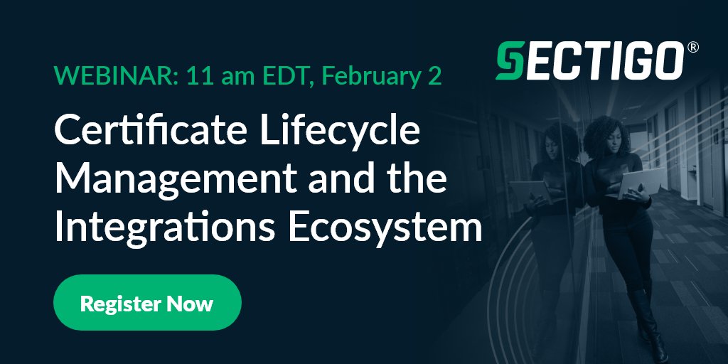 SectigoHQ's tweet image. Join us on Feb. 2 for a webinar, "Certificate Lifecycle Management and the Integrations Ecosystem." Learn how you can take the pressure off your team by relying on #CLM automation; how you can help your company to become #cryptoagile; and much more. sectigo.com/resource-libra…