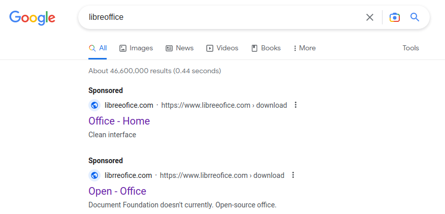 malwrhunterteam's tweet photo. Doing a search right now in Google for "libreoffice" gives these totally legit ads...
😂
https://libreeofice[.]com/
https://librreofice[.]com/
cc @1ZRR4H @wdormann https://t.co/D72qD40tBE
