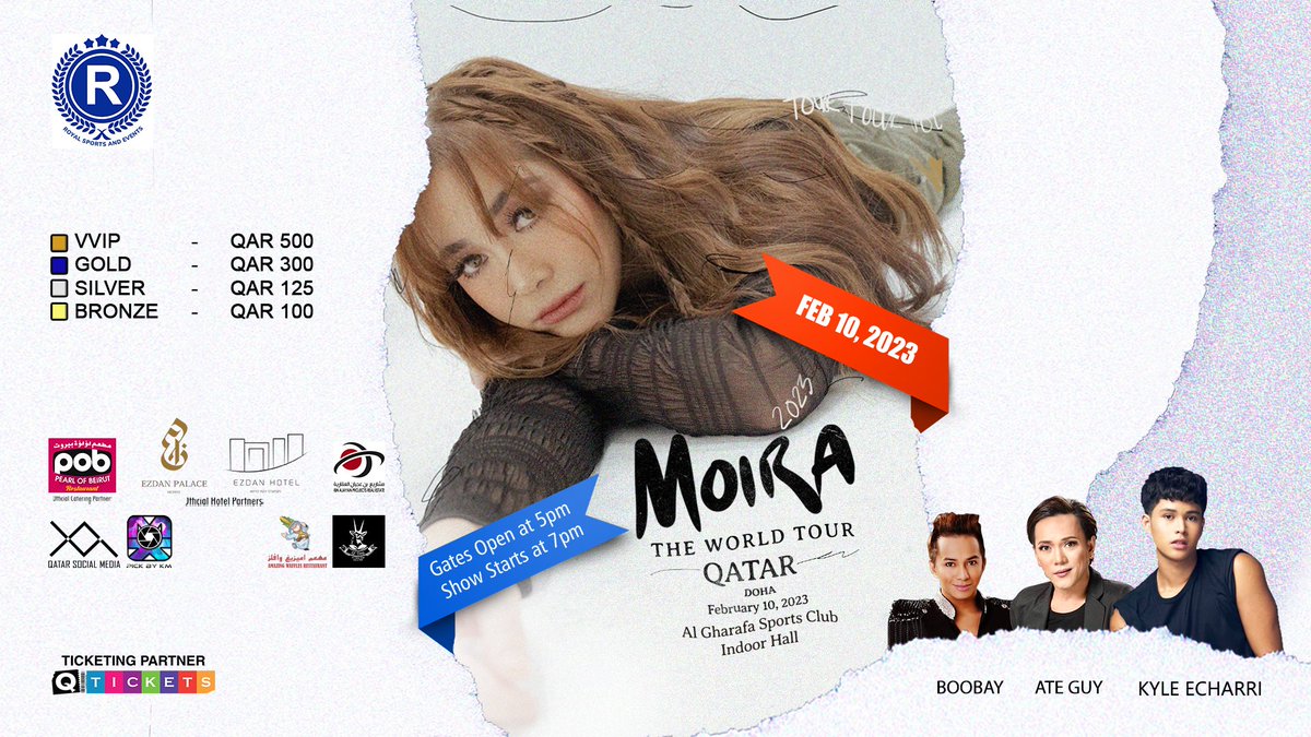 QticketsLIVE's tweet photo. @moiradelatorre along with @kyleEcharri_20, #Boobay and #AteGuy will be performing live at the Al Gharafa Stadium Sports Indoor Hall on Feb 23, 2023. 

Bookings &amp; Details at https://t.co/0j9blfKGWG 

#MoiraDelaTorre #KyleEcharri #Boobay #AteGuy #FilipinoMusic #QTickets https://t.co/9aVcTGowh5