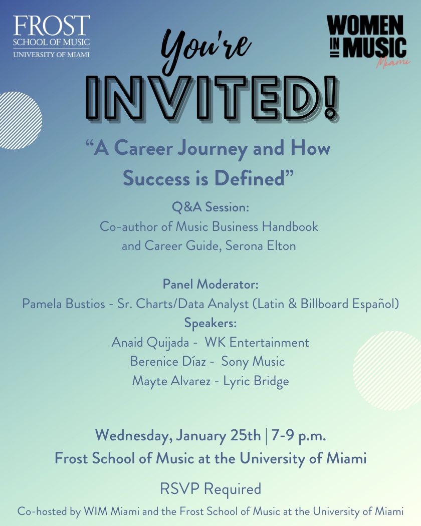 Join us for our first event of the spring semester! Co-hosted by Women in Music Miami and Frost School of Music, this special event features several women in the music industry featuring our very own Dean Elton! 🥳  RSVP here: forms.office.com/Pages/Response…