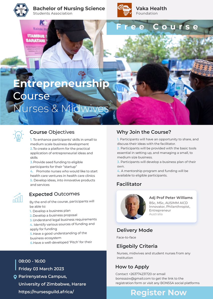 BonssaUZ's tweet photo. Vaka Health Foundation will be conducting an Entrepreneurship course on the 3rd of March 2023. If you're a student nurse or nurse or midwife in Zimbabwe, this is a course for you. If you are interested, kindly register on this form https://t.co/cmCrre3wMb https://t.co/otq9yozvAz