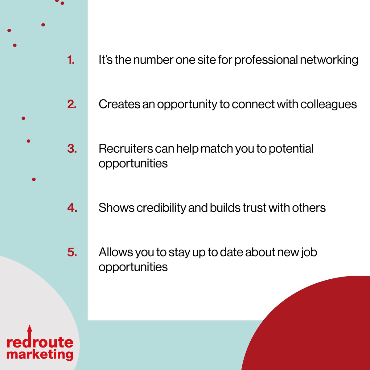 Here are a few of the many benefits to having a LinkedIn account.

#redroute #redroutemarketing #marketing #digitalmarketing #advertising #socialmedia #socialmediastrategy #linkedin #linkedinstrategy #birkdale #southport