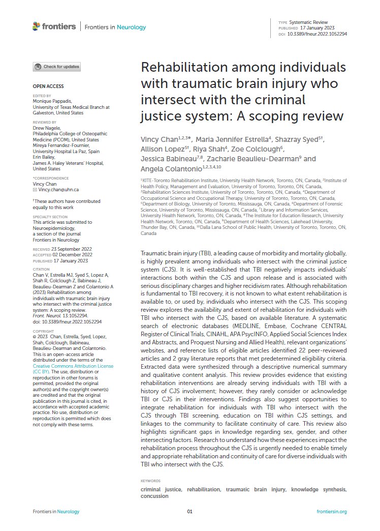 NEW RESEARCH led by Dr. @VincyChanRsrch explored the extent to which rehabilitation is available to or used by individuals with #traumaticbraininjury who intersect with the #criminaljusticesystem. Published open-access @FrontNeurol: bit.ly/3XBbb3V @j_babineau @UofT_dlsph