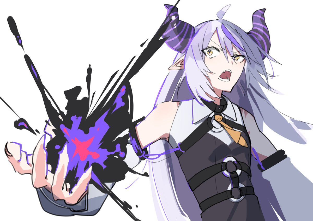 la+ darknesss 1girl horns long hair solo yellow eyes purple hair pointy ears  illustration images