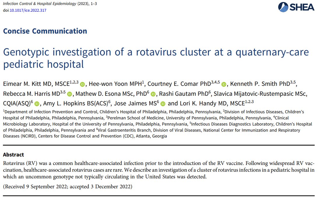 New from <a href="/EimearKittMD/">Eimear Kitt</a>, @court_comar, <a href="/LoriKHandy/">Lori Handy</a>, and others

Genotypic investigation of a rotavirus cluster at a quaternary-care pediatric hospital

➡️ Authors describe 10 patients on 2 units with G9P[4] genotype rotavirus

📄: doi.org/10.1017/ice.20…