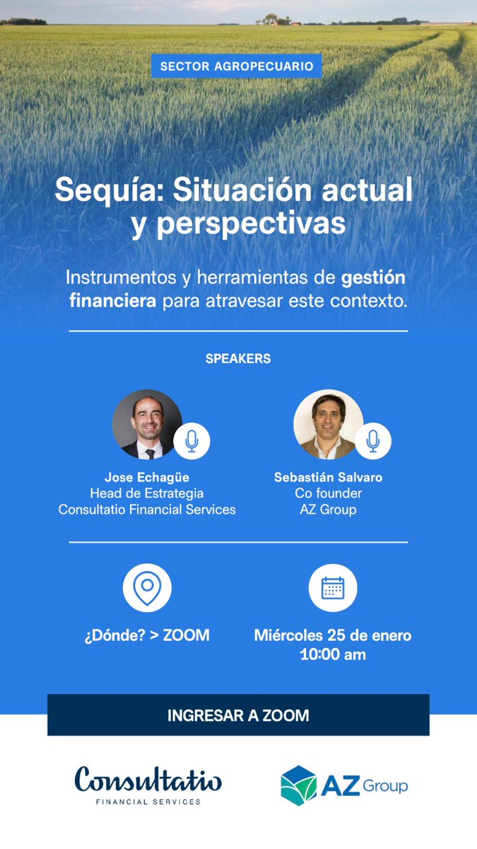 🔥EL ENERO MÁS CALIENTE DE LOS ÚLTIMOS AÑOS🔥
                      
¿Qué esperar de este 2023?¿Cuál será el rol del agro argentino en este contexto?¿Qué decisiones tenemos que tomar? <a href="/ConsultatioFS/">Consultatio Financial Services</a> <a href="/SebasSalvaro/">Sebastian Salvaro</a>

Para ingresar al ZOOM pedinos por mensaje privado el link! 👨🏻‍💻