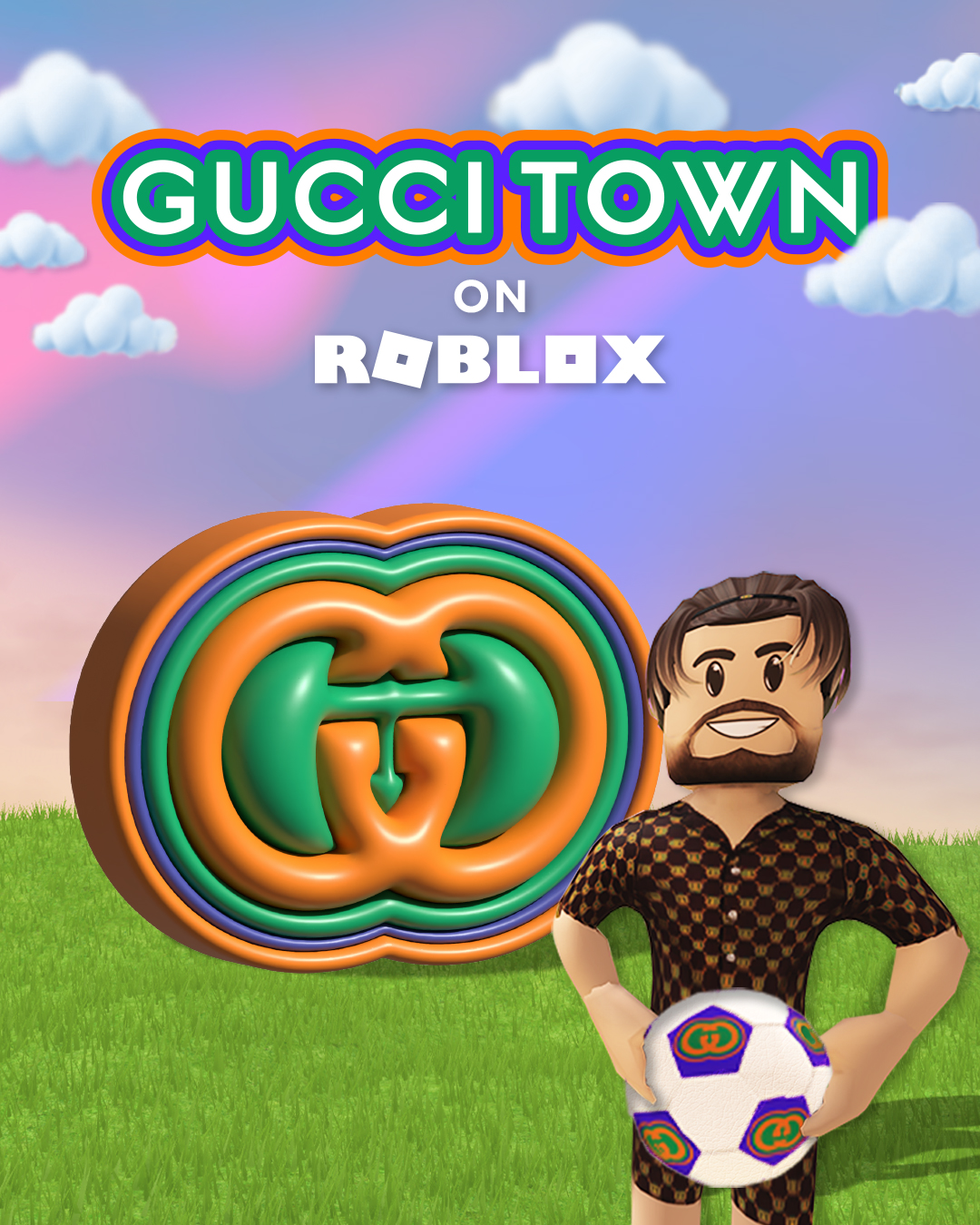 In a digital landscape of green grass under a pink and orange sky with white clouds, stands a square-headed digital avatar of Jack Grealish, a white man with a beard and his chin-length brown hair pulled back with a thin black headband. He holds a soccer ball with the Interlocking G logo of Gucci Good Game and wears a black short-sleeve shirt with the same Interlocking G logo. In the background, the Interlocking G logo of Gucci Good Game sits in the grass and above it says, “Gucci Town on Roblox.” 