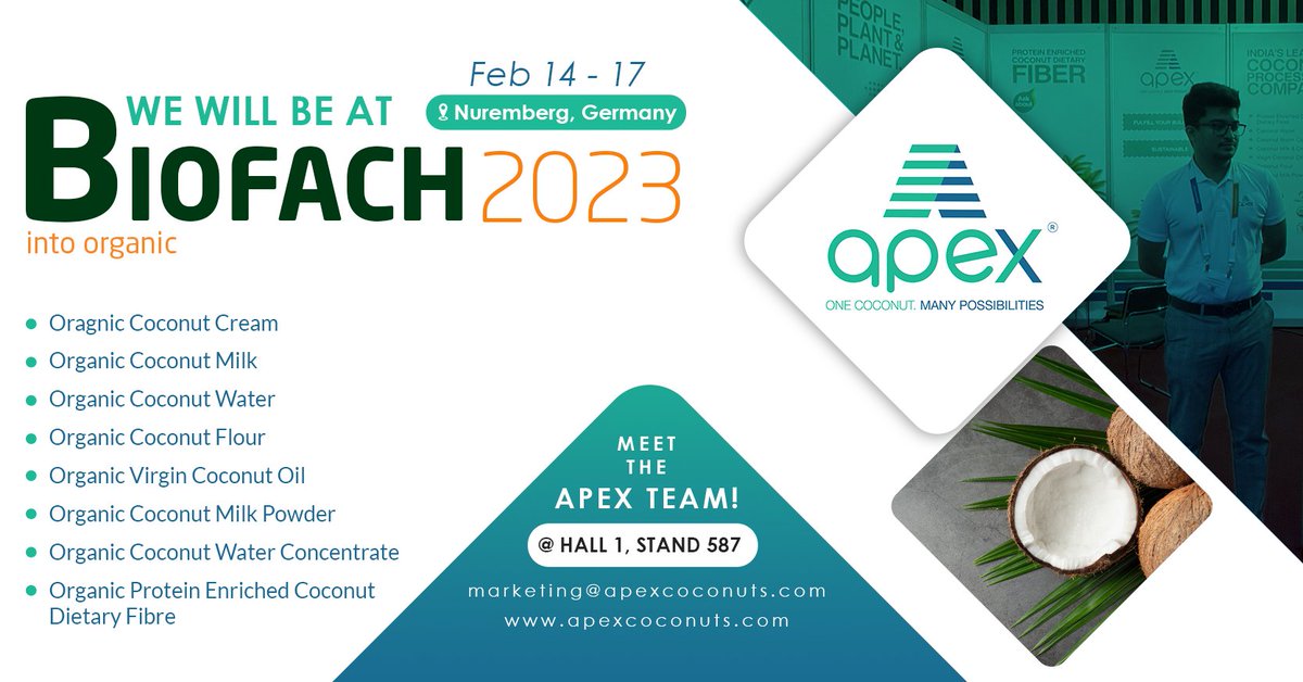 ApexCoconuts's tweet photo. Taste the delicious &amp; nutritious #CoconutsofIndia at 
@BioFachVivaness 

We will be in #Germany on 14 - 17 February 2023

Sample #organic Coconuts of India 
Booth 1-587 in Hall 1

#biofach2023 #biofach #bio #CoconutsofIndia #pavingthepave #foodexhibition #foodmanufacturing https://t.co/ZcYfKB1qnD