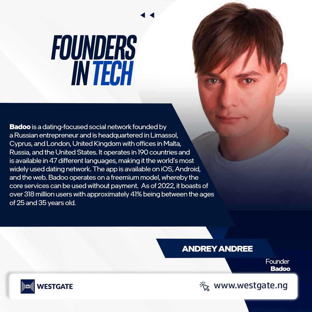 westgateng_'s tweet image. Andrey Andreev 💻🌏

Today&apos;s edition of #Foundersintech features Andrey Andreev. The 48-year-old multinational tech entrepreneur is known for founding the dating and social networking apps Bumble and Badoo amongst others. 

(1/3)