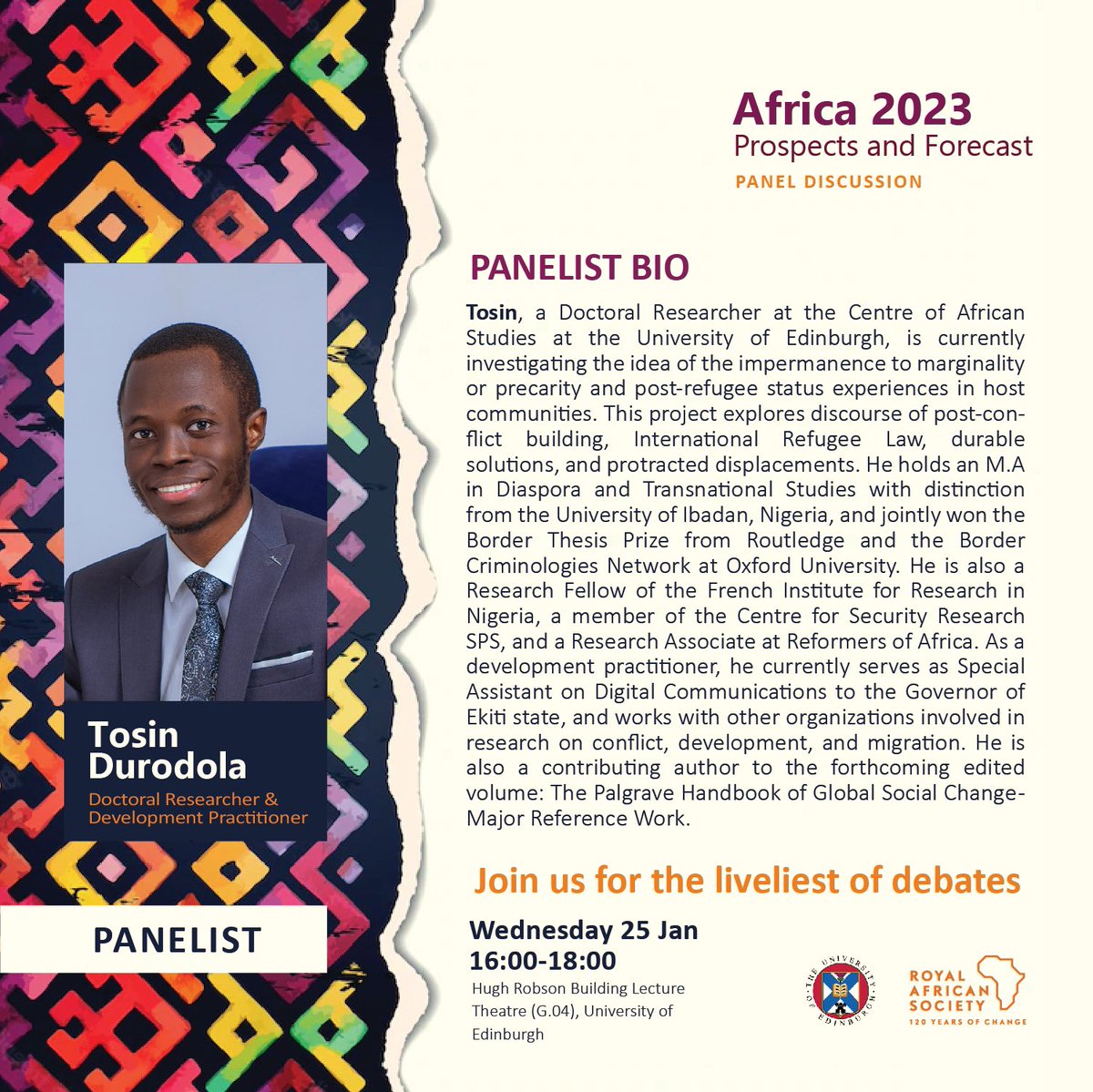 Delighted to share that I will be joining esteemed experts Dr Nicholas Wescott, Dr. <a href="/DineoSks/">Dineo Skosana</a>, <a href="/AdomOpare/">Francisca A. Adom-Opare</a> and <a href="/albertsharra/">Albert Sharra</a> for a panel discussion on Africa's future in 2023 hosted by <a href="/EdinburghUni/">The University of Edinburgh</a> &amp; <a href="/royafrisoc/">Royal African Society</a> on Wednesday, January 25th (4-6pm).