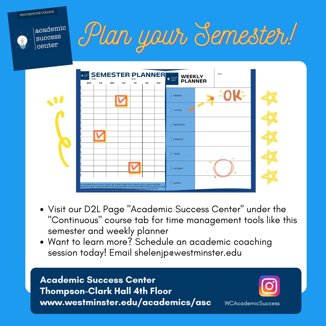WestminsterASC's tweet photo. Choose to succeed this spring by planning ahead! Map out your assignments for the entire semester and determine a weekly study schedule. Need help? Visit the ASC for an academic coaching session! #getorganized2023 #plantosucceed #academiccoaching #WCASC https://t.co/gqOSVtjtkP