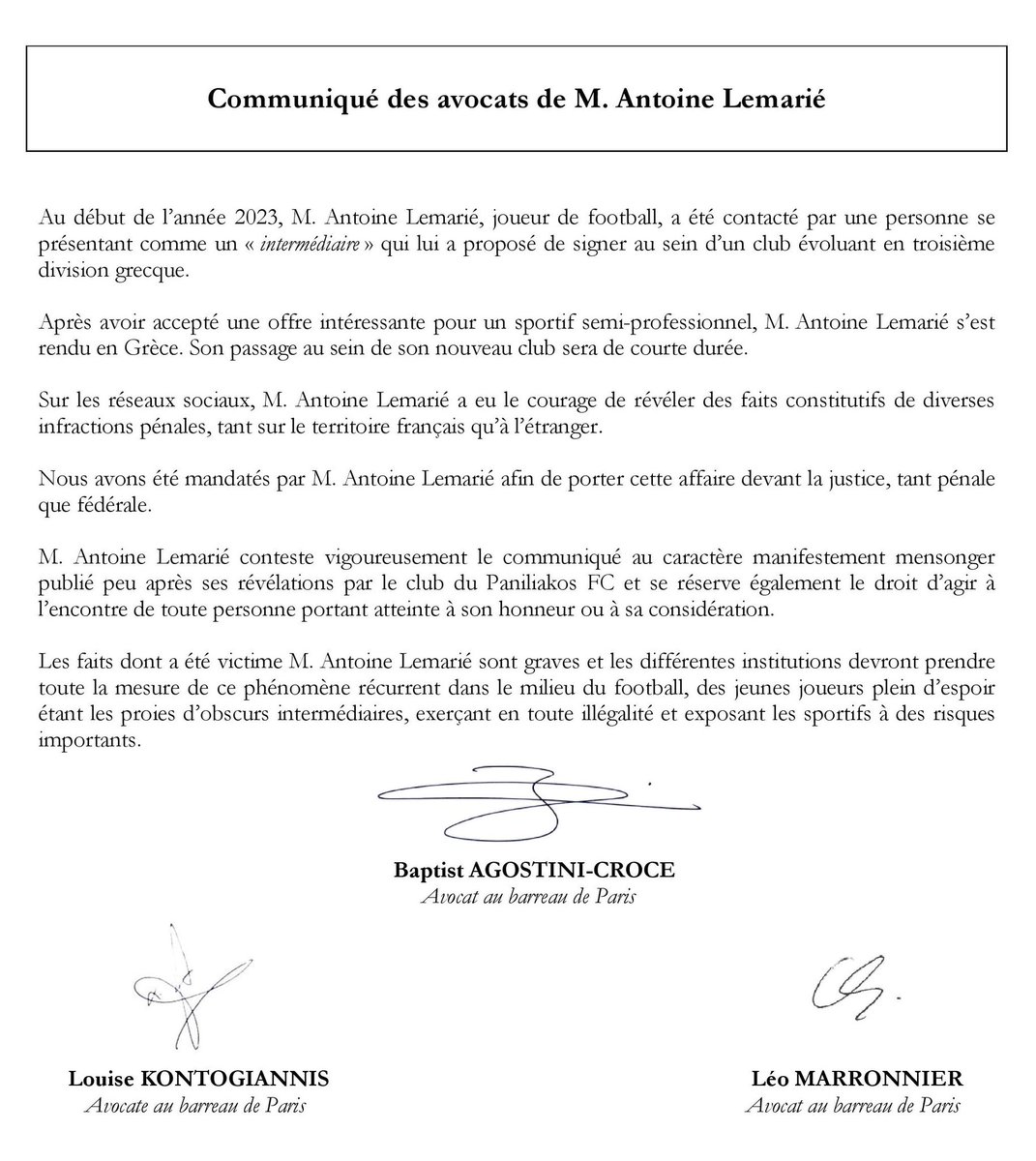 BaptistAgostini's tweet photo. Communiqué des avocats de M. Antoine Lemarié 

Press release from the lawyers of Mr. Antoine Lemarié 

Δήλωση των δικηγόρων του κ. Antoine Lemarié

@MarronnierL @Lemarie96 https://t.co/knxL9NrEGE